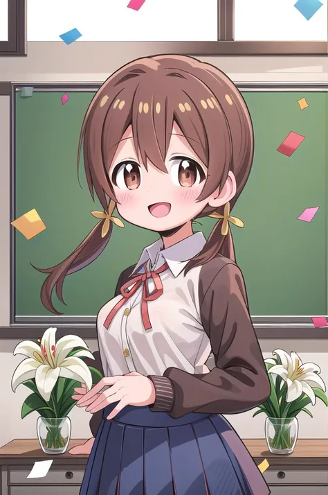 masterpiece,best quality,1girl,class room,shiny eyes,smile,blush,petite,upper body,normal breasts,iom, brown hair, brown eyes,short low twintails,summer school uniform,neck ribbon,white shirt,confetti,classroom,(lily bouquet)
 <lora:Miyo-LoCon:0.7>anime style <lora:nekotoufu_style_v1:0.8>