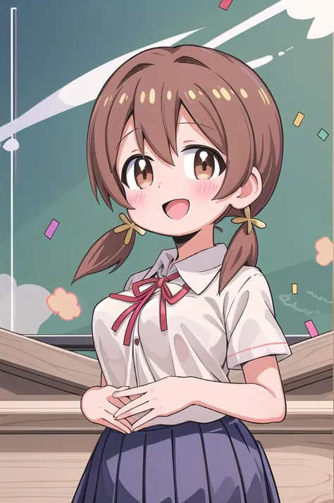 masterpiece,best quality,1girl,class room,shiny eyes,smile,blush,petite,upper body,normal breasts,iom, brown hair, brown eyes,short low twintails,summer school uniform,neck ribbon,white shirt,join hands,confetti,classroom,lily bouquet
 <lora:Miyo-LoCon:0.7>anime style <lora:nekotoufu_style_v1:1>