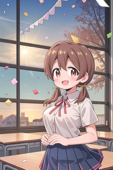 masterpiece,best quality,1girl,class room,shiny eyes,smile,blush,petite,upper body,normal breasts,iom, brown hair, brown eyes,short low twintails,summer school uniform,neck ribbon,white shirt,join hands,confetti,classroom,lily bouquet
 <lora:Miyo-LoCon:0.7>anime style <lora:nekotoufu_style_v1:0.8>