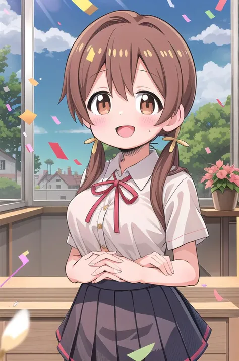 masterpiece,best quality,1girl,class room,shiny eyes,smile,blush,petite,upper body,normal breasts,iom, brown hair, brown eyes,short low twintails,summer school uniform,neck ribbon,white shirt,join hands,confetti,classroom,lily bouquet
 <lora:Miyo-LoCon:0.7>anime style <lora:nekotoufu_style_v1:0.8>