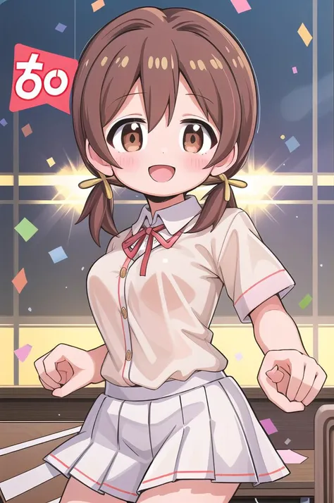 masterpiece,best quality,1girl,class room,shiny eyes,smile,blush,petite,upper body,normal breasts,iom, brown hair, brown eyes,short low twintails,summer school uniform,neck ribbon,white shirt,join hands,confetti,classroom,lily bouquet
<lora:Miyo-LoCon:0.7>anime style <lora:nekotoufu_style_v1:0.8>