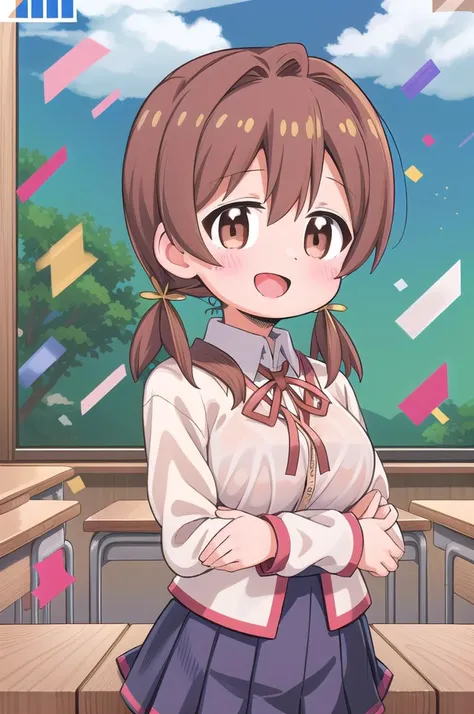 masterpiece,best quality,1girl,class room,shiny eyes,smile,blush,petite,upper body,normal breasts,iom, brown hair, brown eyes,short low twintails,summer school uniform,neck ribbon,white shirt,join hands,confetti,classroom
 <lora:Miyo-LoCon:0.7>anime style <lora:nekotoufu_style_v1:1>