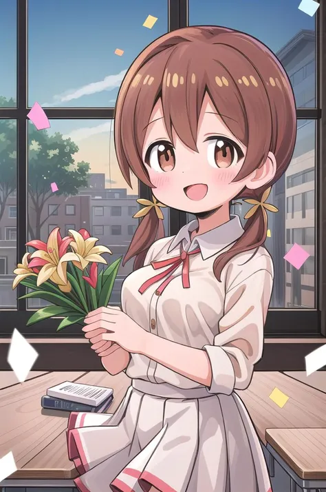 masterpiece,best quality,1girl,class room,shiny eyes,smile,blush,petite,upper body,normal breasts,iom, brown hair, brown eyes,short low twintails,summer school uniform,neck ribbon,white shirt,join hands,confetti,classroom,lily bouquet
 <lora:Miyo-LoCon:0.7>anime style <lora:nekotoufu_style_v1:0.8>