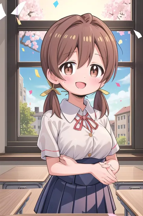 masterpiece,best quality,1girl,class room,shiny eyes,smile,blush,petite,upper body,normal breasts,iom, brown hair, brown eyes,short low twintails,summer school uniform,neck ribbon,white shirt,join hands,confetti,classroom,lily bouquet
 <lora:Miyo-LoCon:0.7>anime style <lora:nekotoufu_style_v1:0.8>