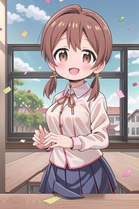 masterpiece,best quality,1girl,class room,shiny eyes,smile,blush,petite,upper body,normal breasts,iom, brown hair, brown eyes,short low twintails,summer school uniform,neck ribbon,white shirt,join hands,confetti,classroom,lily bouquet
 <lora:Miyo-LoCon:0.7>anime style <lora:nekotoufu_style_v1:1>