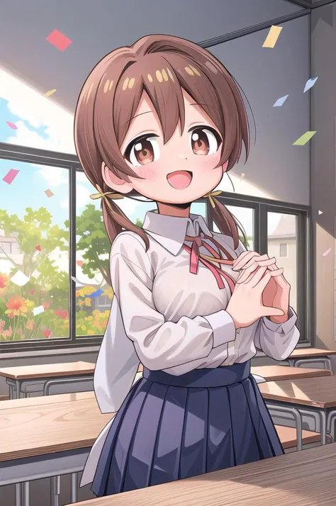 masterpiece,best quality,1girl,class room,shiny eyes,smile,blush,petite,upper body,normal breasts,iom, brown hair, brown eyes,short low twintails,summer school uniform,neck ribbon,white shirt,join hands,confetti,classroom,lily bouquet
 <lora:Miyo-LoCon:0.7>anime style <lora:nekotoufu_style_v1:0.8>