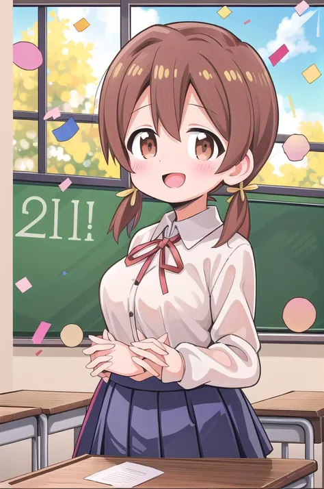 masterpiece,best quality,1girl,class room,shiny eyes,smile,blush,petite,upper body,normal breasts,iom, brown hair, brown eyes,short low twintails,summer school uniform,neck ribbon,white shirt,join hands,confetti,classroom,lily bouquet
 <lora:Miyo-LoCon:0.7>anime style <lora:nekotoufu_style_v1:1>