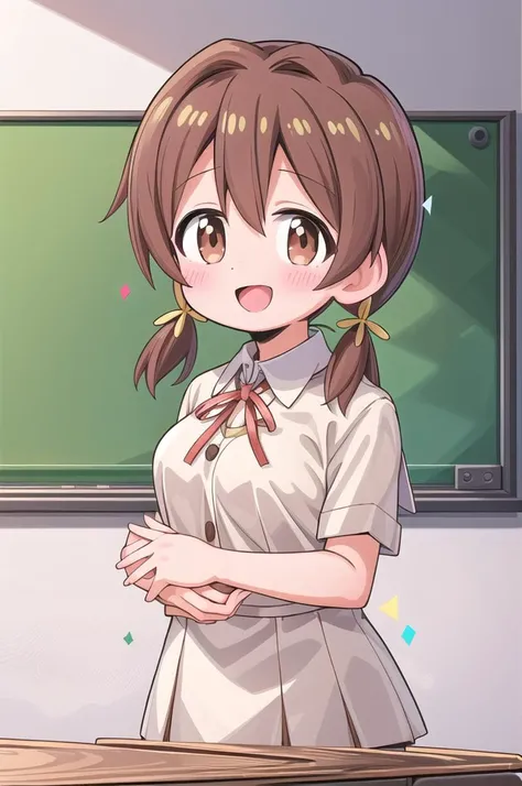 masterpiece,best quality,1girl,class room,shiny eyes,smile,blush,petite,upper body,normal breasts,iom, brown hair, brown eyes,short low twintails,summer school uniform,neck ribbon,white shirt,join hands,confetti,classroom,lily bouquet
 <lora:Miyo-LoCon:0.7>anime style <lora:nekotoufu_style_v1:0.8>