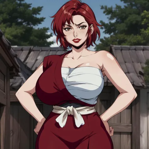 masterpiece, detailed, beautiful, 1girl, mature female, milf, (looking at viewer:1.2), blushing, black eyeliner, body facing viewer, facing viewer, full body, closed mouth, smirking, standing, hands on hips, outside in a forest, (red hair:1.2), bob cut, long bangs, (freckles:1.2), brown eyes, chubby, pale skin, wide waist, voluptuous hips, thick thighs, full lips, (Dark Red lipstick:1.2), massive saggy breasts, massive round ass, giant areolae, black and red Japanese clothes, skirt, black sarashi, black fundoshi, off shoulder. <lora:Manyuu:1> <lora:Concept_OffShoulderSarashi-Flipped:1>