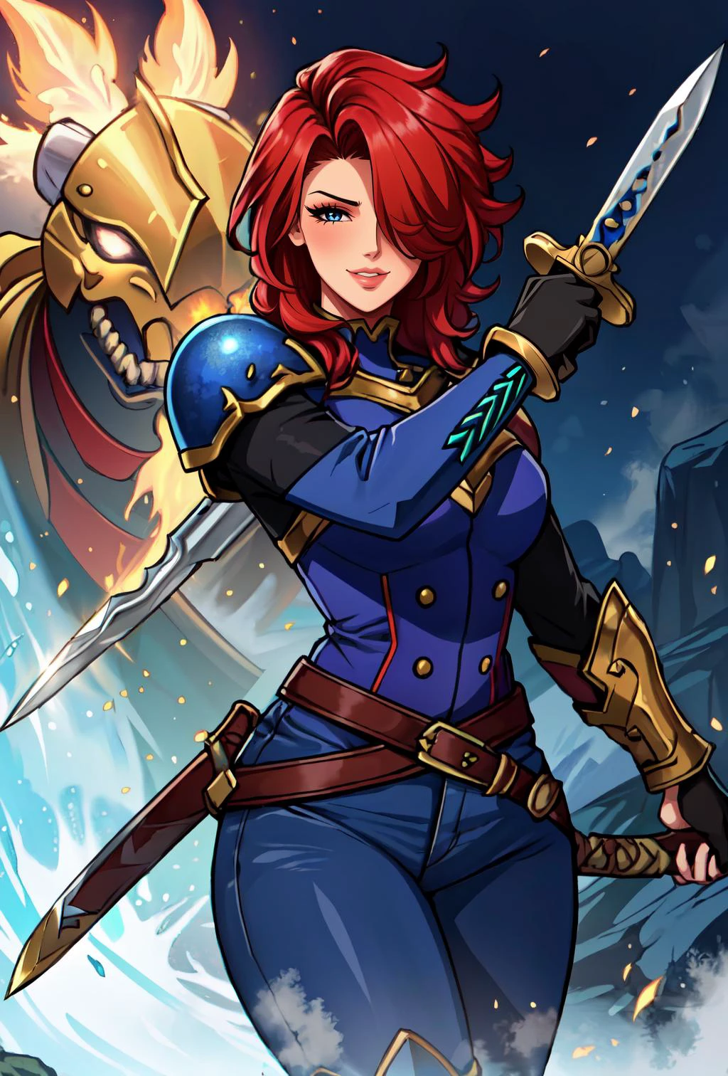 masterpiece, best quality, (ultra detailed:1.5), female fantasy warrior, 1girl, mature female, red hair, (hair over one eye:1.5), blue eyes, thick lips, leather armor, leather pants, boots, (wielding dagger:1.5), smile, parted lips, <lora:colorify:1.2>, <lora:GoodHands-vanilla:0.8>, <lora:epi_noiseoffset2:0.8> <lora:odanon-v1.5newcraft-lora-naivae-128dim-block:0.35> oda non, in a dungeon,