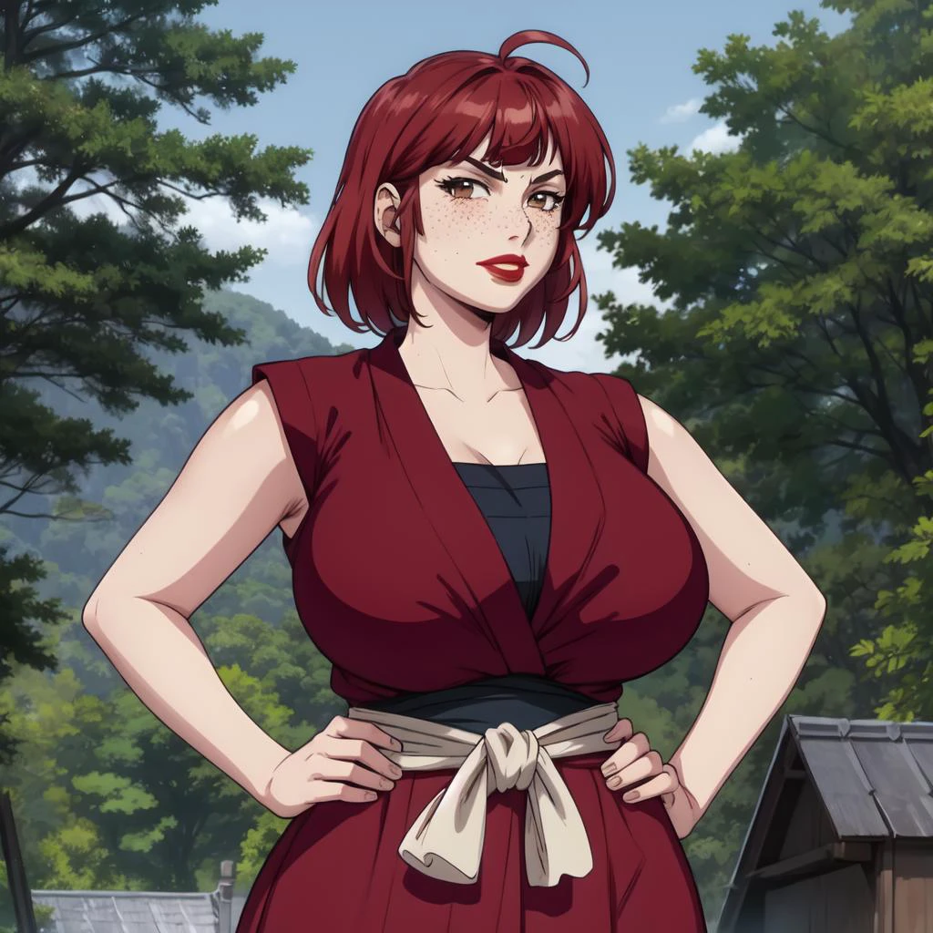 masterpiece, detailed, beautiful, 1girl, mature female, milf, (looking at viewer:1.2), blushing, black eyeliner, profile view, facing viewer, full body, closed mouth, smirking, standing, hands on hips, outside in a forest, (red hair:1.2), bob cut, long bangs, (freckles:1.2), brown eyes, chubby, pale skin, wide waist, voluptuous hips, thick thighs, full lips, (Dark Red lipstick:1.2), massive saggy breasts, massive round ass, giant areolae, black and red sleeveless robes, skirt, black sarashi, black fundoshi. <lora:Manyuu:1>