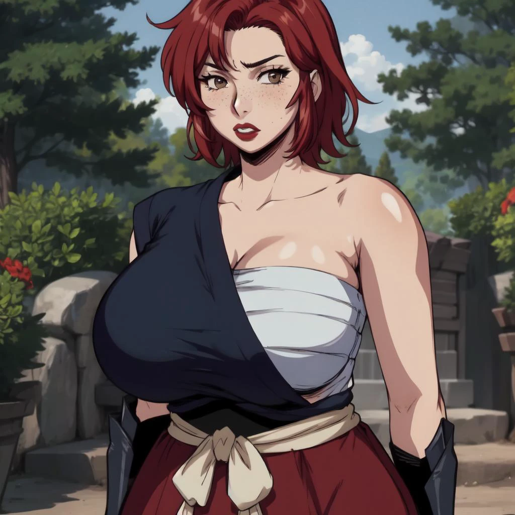 masterpiece, detailed, beautiful, 1girl, mature female, milf, (looking at viewer:1.2), blushing, black eyeliner, body facing viewer, facing viewer, full body, closed mouth, shy, tsundere, standing, outside in a forest, (red hair:1.2), bob cut, long bangs, (freckles:1.2), brown eyes, chubby, pale skin, wide waist, voluptuous hips, thick thighs, full lips, (Dark Red lipstick:1.2), massive saggy breasts, massive round ass, giant areolae, black, patterned Japanese clothes, skirt, black sarashi, black fundoshi, off shoulder. <lora:Manyuu:1> <lora:Concept_OffShoulderSarashi-Flipped:1>