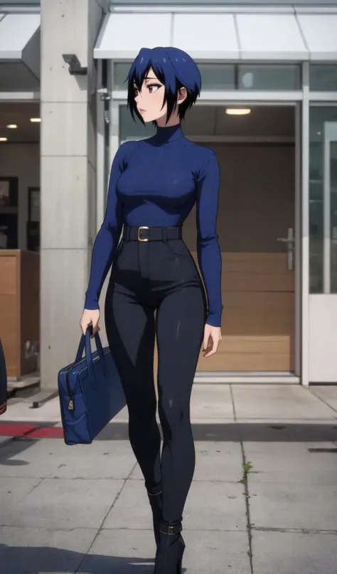 masterpiece, best quality, solo focus, candid shot, profile, <lora:seishirou-nisekoi-01:0.8> seishirou tsugumi, short hair, wearing high waist pants, long sleeves, high heels, looking to the side,