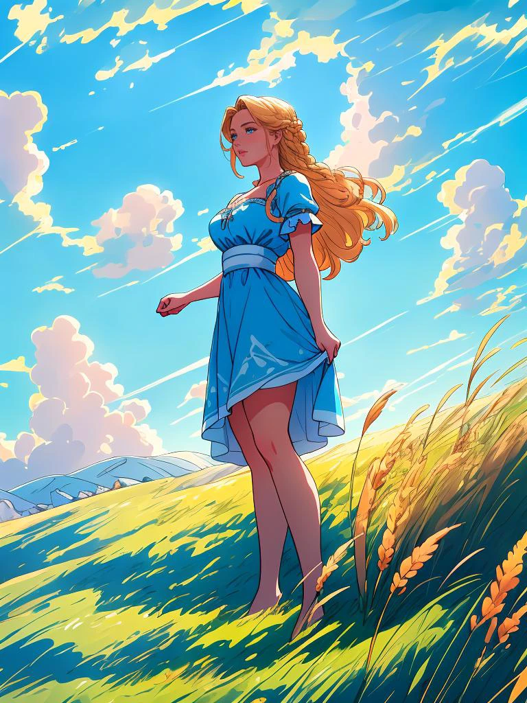 masterpiece, highest quality, best quality, vibrant, 8k, 4k, high detail, interesting perspective, a young maiden wearing a blue dress with white trim and standing on a grassy hill, braided blonde hair, tall grass, grassy, [deep|rich] blue sky, large white clouds, [heroic|confident] pose, stunning composition, painterly, epic, warm colors, [warm glow|soft glow]