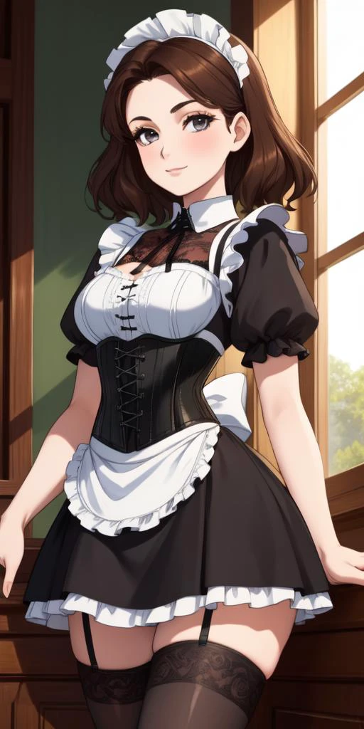 masterpiece, detailed, beautiful, 1girl, mature female, milf, looking at viewer, body facing viewer, upperbody view, black eyeliner, (closed mouth:1.2), happy expression, standing, in a mansion, (skinny:1.2), (long brown hair:1.2), grey eyes, small breasts, (pale white skin:1.2), small butt, (wearing a frilly black and white maid outfit:1.2), tareme, (cross lace corset:1.2), (black mini skirt:1.2), (tight thigh highs:1.2), bonnet. <lora:breastsizeslideroffset:0.1> <lora:tareme:1>