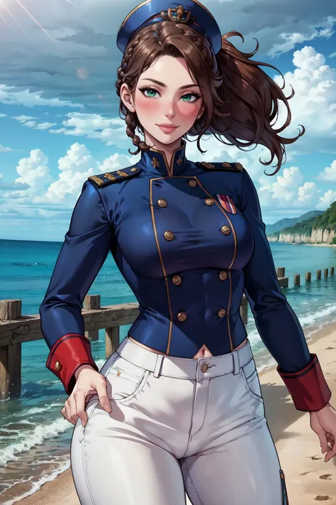 ultra realistic 8k, picture-perfect face, flawless, clean, masterpiece, perfect face, beautiful face, extremely detailed eyes,   a woman admiral, standing on a pier overlooking the seas, solo, detailed eyes, beautiful, looking at viewer, (dynamic pose), water, confident pose, stormy sea, storm, wind, (dark theme:0.85), small breasts, (white parade pants, blue admiral uniform, blue parade uniform, admiral hat),  hyperrealistic photography, extremely detailed CG unity 8k wallpaper, HDR, RAW photo, dslr, intricate detail, cute, magical, enchanting, parted lips, vibrant lighting, vibrant colors, (masterpiece, best quality, ultra-detailed, best shadow), perfect female body perfect female waist, photography BREAK  long hair, crownbraid, chestnut brown hair, ponytail, crownbraid tie, (pronounced blush)   <lora:tools\epiNoiseoffset_v2>