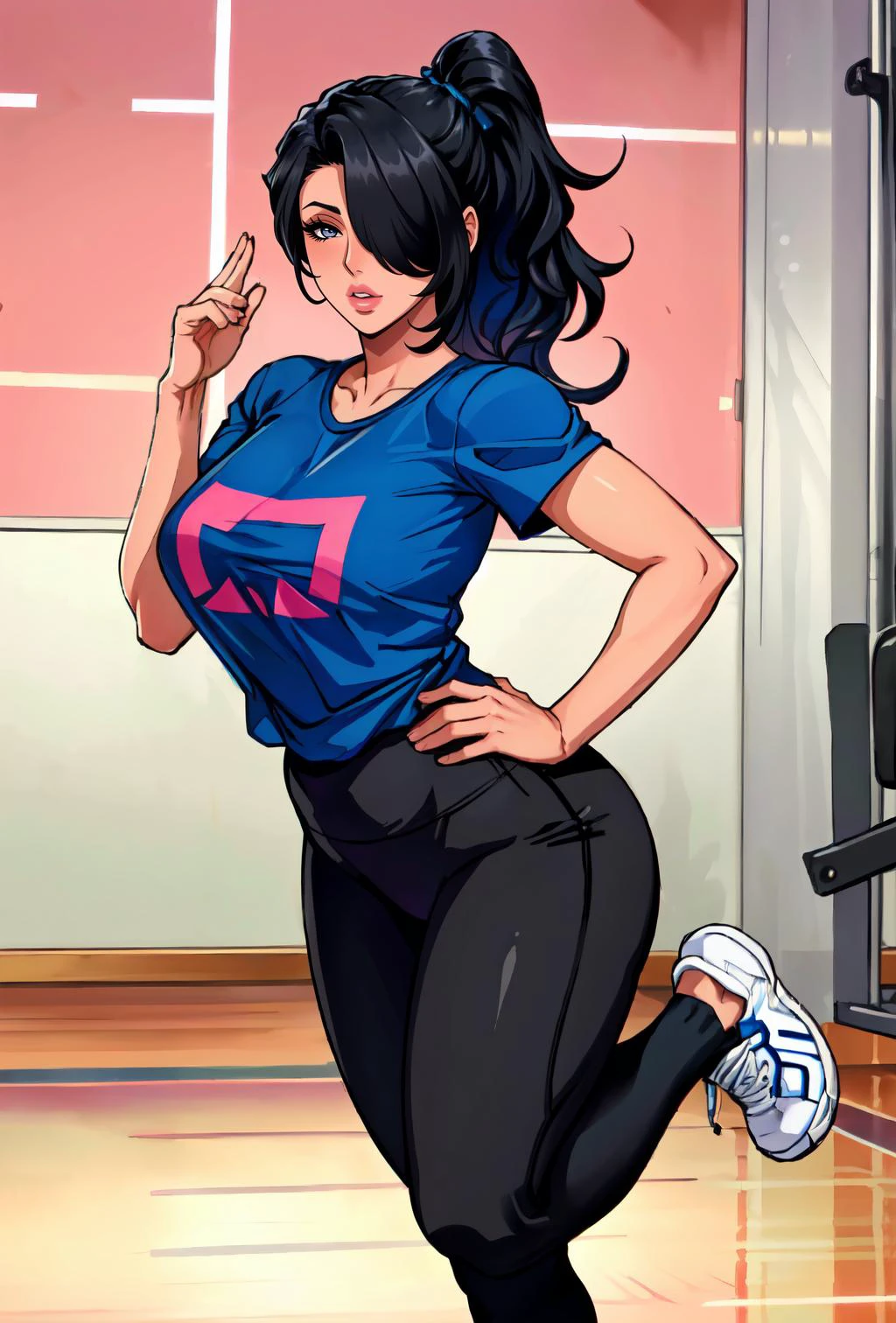 masterpiece, best quality, (ultra detailed:1.5), 1girl, (solo:1.5), mature female, curvy, black hair, (hair over one eye:1.5), very long ponytail, blue eyes, thick lips, black t-shirt, pink yoga pants, sports sneakers, sexy pose, gym, <lora:colorify:1.2>, <lora:GoodHands-vanilla:0.8>, <lora:epi_noiseoffset2:0.8> <lora:odanon-v1.5newcraft-lora-naivae-128dim-block:0.45> oda non,