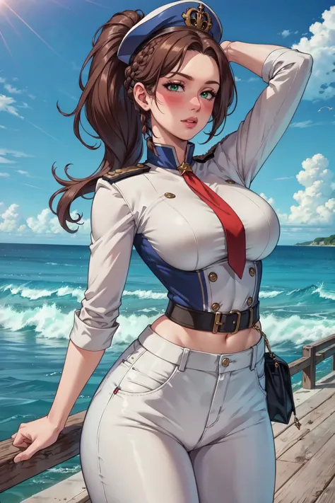 ultra realistic 8k, picture-perfect face, flawless, clean, masterpiece, perfect face, beautiful face, extremely detailed eyes,   a woman admiral, standing on a pier overlooking the seas, solo, detailed eyes, beautiful, looking at viewer, dynamic pose, water, confident pose, stormy sea, storm, wind, (dark theme:0.85), medium breasts, (white parade pants, blue admiral uniform, blue parade uniform, admiral hat),  hyperrealistic photography, extremely detailed CG unity 8k wallpaper, HDR, RAW photo, dslr, intricate detail, cute, magical, enchanting, parted lips, vibrant lighting, vibrant colors, (masterpiece, best quality, ultra-detailed, best shadow), perfect female body perfect female waist, photography BREAK  long hair, crownbraid, chestnut brown hair, ponytail, crownbraid tie, (pronounced blush)   <lora:tools\epiNoiseoffset_v2>