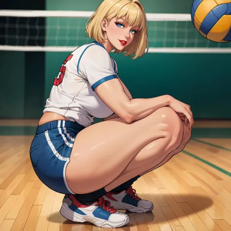 ((masterpiece)), (best quality), absurdres, detailed background, blurry background, (gymnasium, volleyball net, wood floors), (solo), (milf, mature woman squatting), pov from the side, (curvy body), (tan skin:1.2), (short blonde hair, bangs), full lips, (volleyball uniform, shorts), cleavage, skindentation, wide hips, thick thighs,