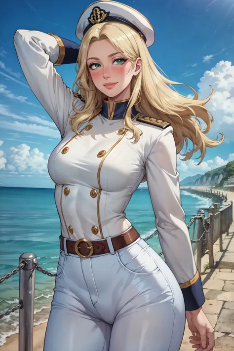 ultra realistic 8k, picture-perfect face, flawless, clean, masterpiece, perfect face, beautiful face, extremely detailed eyes,   a woman admiral, standing on a pier overlooking the seas, solo, detailed eyes, beautiful, looking at viewer, (dynamic pose), water, confident pose, stormy sea, storm, wind, (dark theme:0.85), small breasts, (white parade pants, blue admiral uniform, blue parade uniform, admiral hat),  hyperrealistic photography, extremely detailed CG unity 8k wallpaper, HDR, RAW photo, dslr, intricate detail, cute, magical, enchanting, parted lips, vibrant lighting, vibrant colors, (masterpiece, best quality, ultra-detailed, best shadow), perfect female body perfect female waist, photography BREAK  (blonde hair, mid parted hair, straight hair, long hair:1.2), pronounced blush  <lora:tools\epiNoiseoffset_v2>