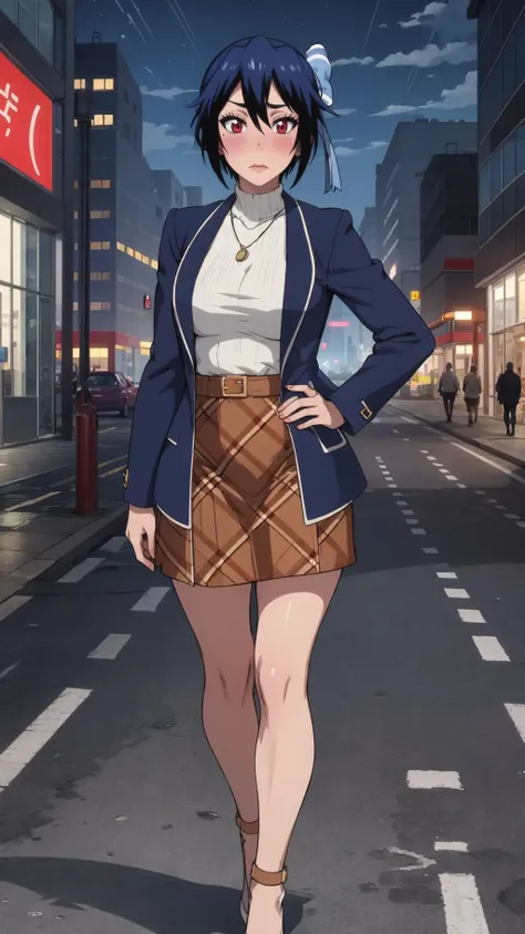 masterpiece, best quality, solo focus,  <lora:seishirou-nisekoi-01:0.8> seishirou tsugumi, wearing edgCJ, chic jacket, plaid skirt,  <lora:edgChicJackets:0.7> purse, cityscape, full body, hand on hip, night, buildings, lights, car, looking at viewer,  blush, shy