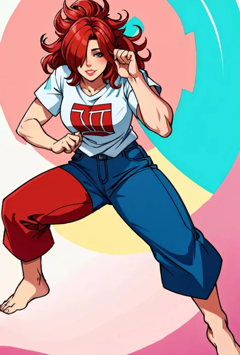 masterpiece, best quality, (ultra detailed:1.5), fighting stance, 1girl, red hair, (hair over one eye:1.5), blue eyes, thick lips, t-shirt, shorts, smile, parted lips, <lora:colorify:1.2>, <lora:GoodHands-vanilla:0.8>, <lora:epi_noiseoffset2:0.8> <lora:odanon-v1.5newcraft-lora-naivae-128dim-block:0.35> oda non, dojo, tatami,