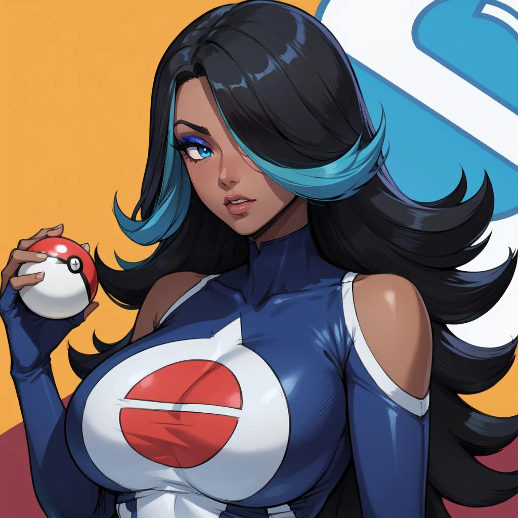 milf, mature female, <lora:izumi-shelly-v1-wasabiya:0.8> izumip, streaked hair,blue hair,black hair,blue eyes,hair over one eye,eyeshadow,dark-skinned female, upper body, poke ball, holding poke ball