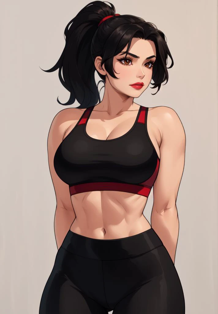 masterpiece, detailed, beautiful, 1girl, mature female, milf, looking at viewer, upperbody view, (closed mouth, body facing viewer:1.2), plain background, (hands behind back:1.4), big full lips, brown eyes, red lipstick standing, jet black hair, ponytail, midriff, (black red yoga pants, black and red sports bra:1.2) <lora:muscle_slider_v1 Cartoon:1>