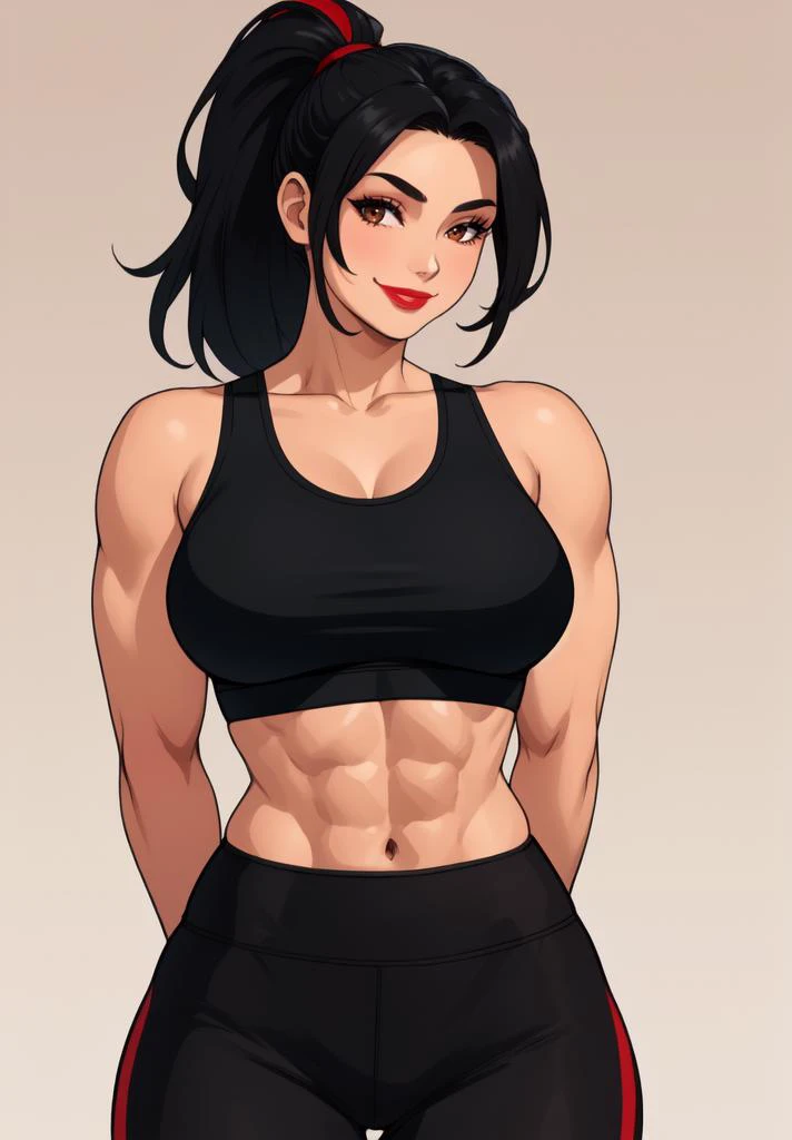 masterpiece, detailed, beautiful, 1girl, mature female, milf, looking at viewer, upperbody view, (closed mouth, body facing viewer:1.2), plain background, (hands behind back:1.4), big full lips, smiling, brown eyes, red lipstick standing, jet black hair, ponytail, midriff, (black red yoga pants, black and red sports bra:1.2), fit <lora:muscle_slider_v1 Cartoon:1.5>