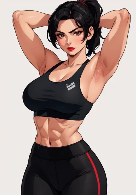 masterpiece, detailed, beautiful, 1girl, mature female, milf, looking at viewer, upperbody view, (closed mouth, body facing viewer:1.2), plain background, (hands behind head:1.4), big full lips, brown eyes, red lipstick standing, jet black hair, ponytail, midriff, (black and crimson yoga pants, black and crimson sports bra:1.2), fit <lora:muscle_slider_v1 Cartoon:1.75>