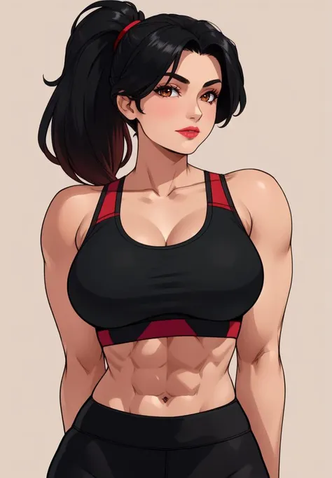 masterpiece, detailed, beautiful, 1girl, mature female, milf, looking at viewer, upperbody view, (closed mouth, body facing viewer:1.2), plain background, (hands behind back:1.4), big full lips, smiling, brown eyes, red lipstick standing, jet black hair, ponytail, midriff, (black red yoga pants, black and red sports bra:1.2), fit <lora:muscle_slider_v1 Cartoon:1.5>