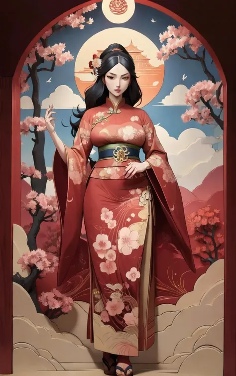 (masterpiece, best quality:1.4), insaneres, absurdres, solo, looking at viewer,BREAK 
LoConARTSTYLE_Paper_Kirigami_ownwaifu, art_nouveau, kirigami, fine art, 
1girl, solo, flower, tree, long hair, black hair, hair ornament, dress, cherry blossoms,  long sleeves, japanese clothes, chinese clothes, full body, wide sleeves, (moon), cloud, waterfall, east asian architecture, 
<lora:LoConARTSTYLE_Paper_Kirigami_ownwaifu:0.7> 
,