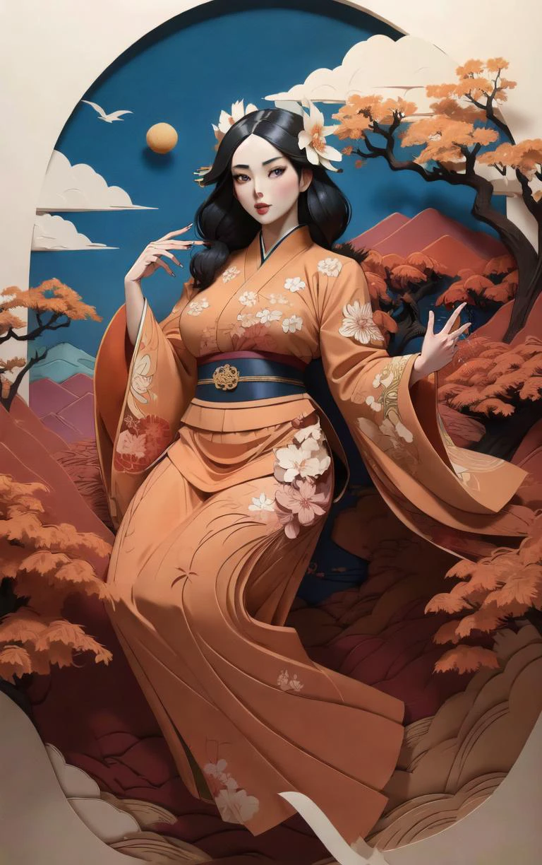 (masterpiece, best quality:1.4), insaneres, absurdres, solo, looking at viewer,BREAK
LoConARTSTYLE_Paper_Kirigami_ownwaifu, art_nouveau, kirigami, fine art,
1girl, solo, flower, tree, long hair, black hair, hair ornament, dress, cherry blossoms, long sleeves, japanese clothes, chinese clothes, full body, wide sleeves, (moon), cloud, waterfall, east asian architecture,
<lora:LoConARTSTYLE_Paper_Kirigami_ownwaifu:0.9>
,