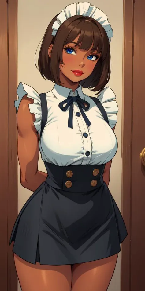 masterpiece, detailed, beautiful, 1girl, mature female, milf, looking at viewer, (upperbody view, hands behind back:1.4), black eyeliner, red lipstick, (closed mouth:1.2), (big full lips:1.2), standing, in a fantasy mansion, friendly expression, (black and white maid outfit, mini skirt:1.2), bonnet, (tan skin:1.2) blue eyes, short brown hair, flat boobs, frilly clothing, (button-top:1.2), (tan skin:1.2), blue neck ribbon, long bangs, <lora:breastsizeslideroffset:-0.25>