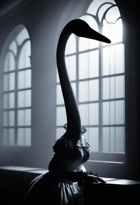 dark and moody photograph, victorian woman with long neck, dim lighting, 4k, detailed,
bokeh, window in background, white light, mental hospital,