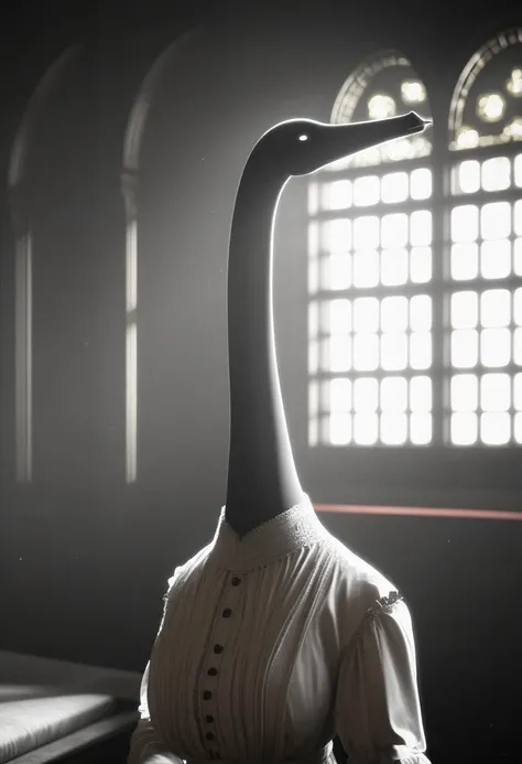 dark and moody photograph, victorian woman with long neck, dim lighting, 4k, detailed,
bokeh, window in background, white light, mental hospital,