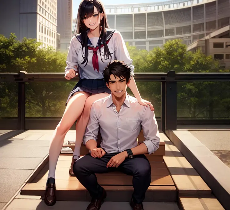 masterpiece, best quality,1boy,1girl,Girls wear school uniforms,Boys wear sportswear,
The man on the right squats,The left girl sits on the right boy's shoulder, serafuku,grin,brown eyes, long hair, black hair, on bed, pov,full body shot,outdoor,stadium