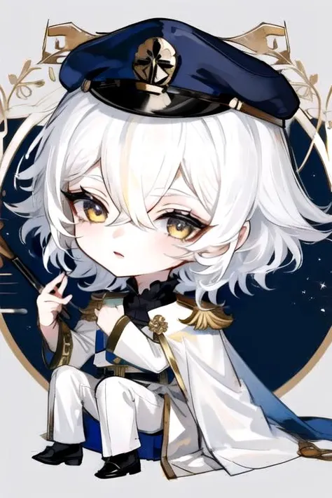 solo, 1boy, straight hair, hair between eyes, disdain, white hair, short shaggy hair, white clothes, (white military uniform:1.2), yellow eyes, (white military hat:1.1), science fiction, tsurime, <lora:Tsurime3:0.85> , au \(d elete\, <lora:au_d_elete_offset:1>, chibi, <lora:q-v1:1>