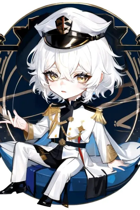 solo, 1boy, straight hair, hair between eyes, disdain, white hair, short shaggy hair, white clothes, (white military uniform:1.2), yellow eyes, (white military hat:1.1), science fiction, tsurime, <lora:Tsurime3:0.85> , au \(d elete\, <lora:au_d_elete_offset:1>, chibi, <lora:q-v1:1>