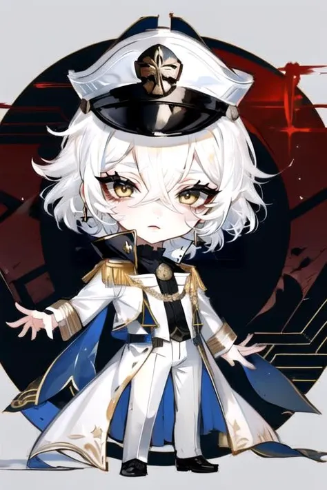 solo, 1boy, straight hair, hair between eyes, disdain, white hair, short shaggy hair, white clothes, (white military uniform:1.2), yellow eyes, (white military hat:1.1), science fiction, tsurime, <lora:Tsurime3:0.85> , au \(d elete\, <lora:au_d_elete_offset:1>, chibi, <lora:q-v1:1>