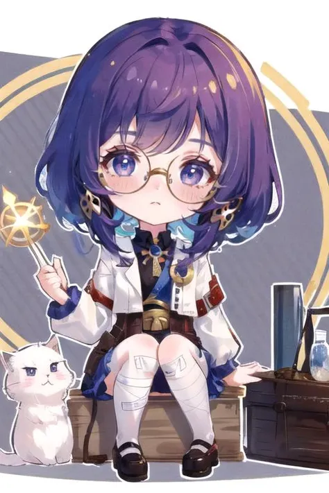 Solo, 1girl, short fluffy hair, dark purple hair, blue eyes, bandages, toolbox, science fiction, circle-glasses, <lora:circle-glasses_v1.1:0.64>, chibi, <lora:q-v1:1>