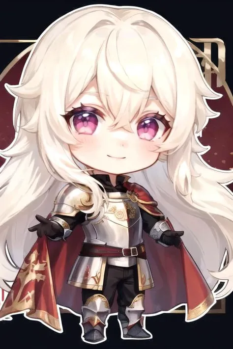 1boy,blonde hair, straight hair, hair between eyes, (long hair), pink eyes, smile, fair skin, looking at viewer, red cape, (knight armor:1.3), medieval, solo, chibi,  <lora:q-v1:1>