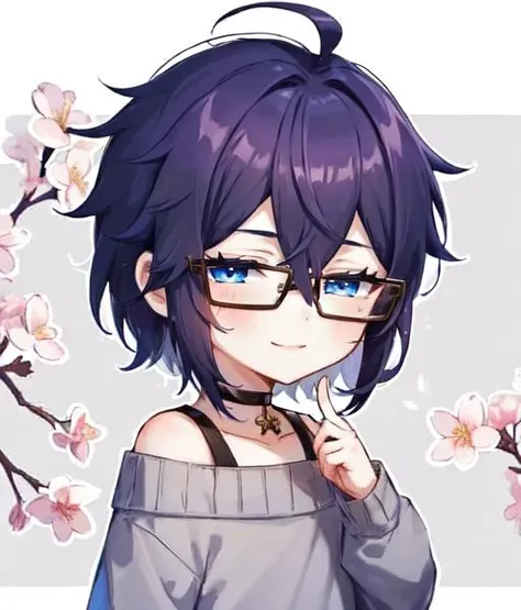 1boy, solo, male focus, purple hair, messy hair, bob cut, hair between eyes, blue eyes, glasses, cherry blossoms, light smile, grey sweater, off shoulder, <lora:hotarueye_hosome1_v100:0.6>, chibi, <lora:q-v1:1>