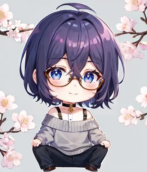 1boy, solo, male focus, purple hair, messy hair, bob cut, hair between eyes, blue eyes, glasses, cherry blossoms, light smile, grey sweater, off shoulder, chibi, full body, <lora:q-v1:1>