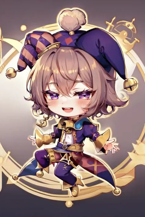 1boy, solo, brown hair, purple eyes, short shaggy hair, jester, :D, waist-up, <lora:CourtJester-10:0.9>, JesterCh, circus, happy, full body, chibi, jester cap, <lora:chibi-character-v3:1>, <lora:hotarueye_hosome1_v100:0.4>