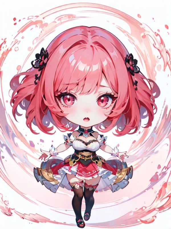 <lora:q-v1:1>, chibi, skirt , dress , hair ornament, open mouth, thighhighs ,
(Full body:1.3) ,(1girl:1.3, solo:1.2), focus girl, female focus, brown hair, beautiful detailed girl, detailed fingers, extremely detailed eyes and face, beautiful detailed nose, beautiful detailed eyes,
mixes realistic and fantastical elements, vibrant manga, glassy translucence, vibrant illustrations, perfect(face ,eyes ,nose), huge breasts, thick thighs, wide hips, small waist, tall, glossy pink lips, red eyes, sexy , blushing, cleavage, (((medium hair:1.3), short bang, pink red hair, floating hair novafrogstyle)),
(RAW photo, best quality), (realistic, photo-realistic:1.5), extremely detailed, CG, unity , 8k wallpaper, Amazing, finely detail, (masterpiece:1.5, best quality), realistic, (real picture, intricate details, depth of field), dynamic posture,