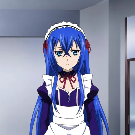 astarte\(strike the blood\),1girl,blue eyes,blue hair,straight hair,hair between eyes,long hair,flat chested,maid dress,red ribbon,apron