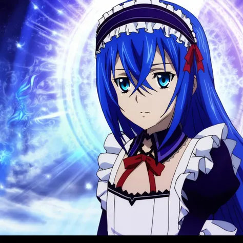 astarte\(strike the blood\),1girl,blue eyes,blue hair,straight hair,hair between eyes,long hair,flat chested,maid dress,red ribbon,apron, astarte\(strike the blood\),1girl,blue eyes,blue hair,straight hair,hair between eyes,long hair,flat chested,maid dress,red ribbon,apron, stylish,, divine, light magical, celestial, stunning, highly detailed, epic composition, cinematic atmosphere, sharp focus, enhanced quality, creative, innocent, elegant, intricate