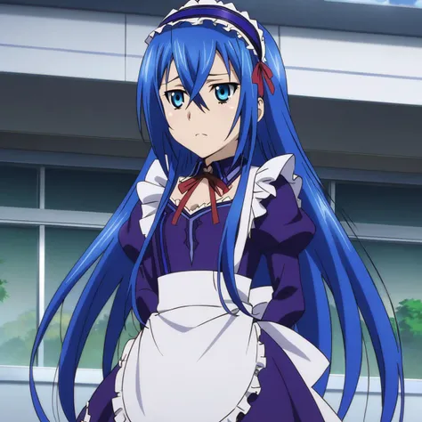 anime artwork illustrating astarte\(strike the blood\),1girl,blue eyes,blue hair,straight hair,hair between eyes,long hair,flat chested,maid dress,red ribbon,apron,solo. created by japanese anime studio. highly emotional. best quality, high resolution