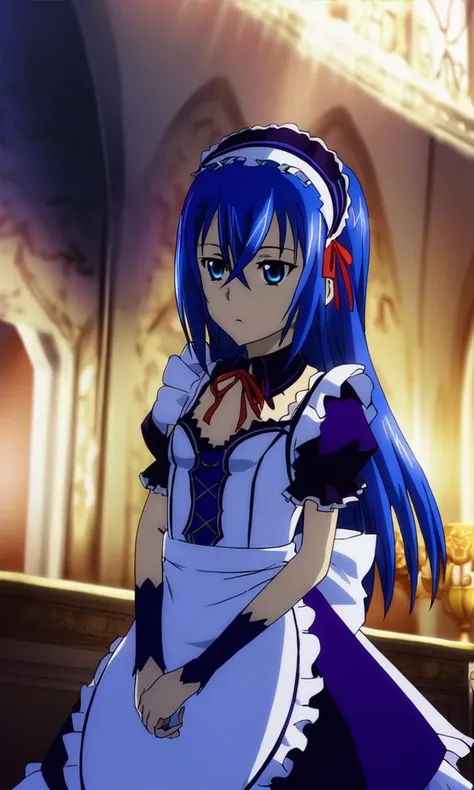 astarte\(strike the blood\),1girl,blue eyes,blue hair,straight hair,hair between eyes,long hair,small breasts,flat chested,maid dress,red ribbon, astarte\(strike the blood\),1girl,blue eyes,blue hair,straight hair,hair between eyes,long hair,small breasts,flat chested,maid dress,red ribbon, generous, warm light, magical, intricate, elegant, highly detailed, extremely sharp focus, joyful, background, beautiful, grilled, very coherent, cinematic, still, attractive